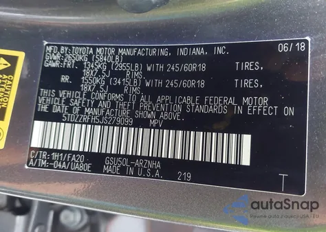 2018 Toyota Highlander Le Plus from USA, damaged, VIN 5TDZZRFH5JS279099